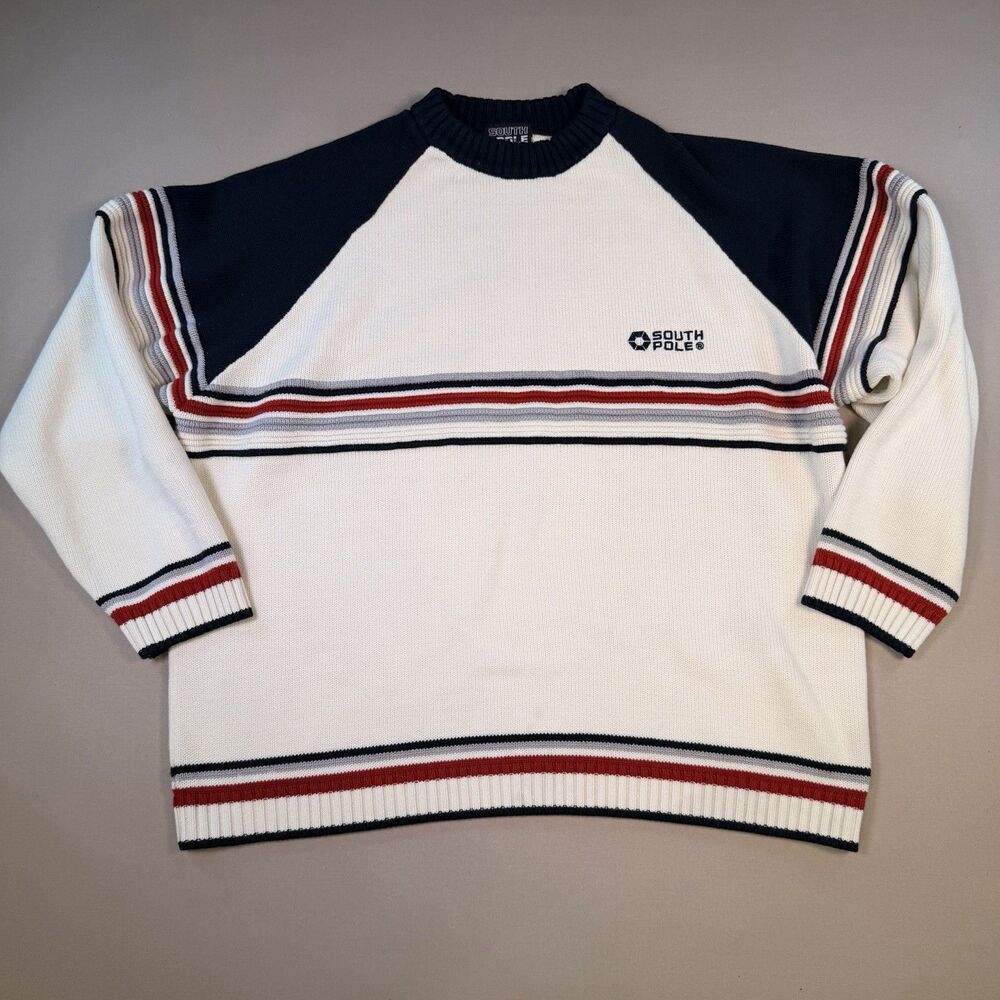 Vintage Y2K Southpole Sweater Mens XL Acrylic Striped Knit Crew Neck Embroidered